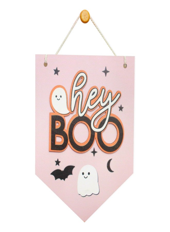 HGFC Halloween Hey Boo Sign For Front Door Decor, Spooky Pink Ghost Wood Door Hanger For Outdoor Outside Porch, Halloween Wall Hanging, Cute Halloween Sign - Image 1